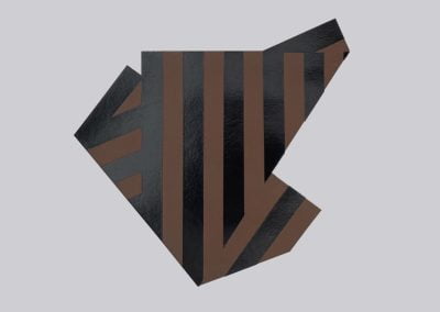 Abstract geometric shape with brown and black stripes.