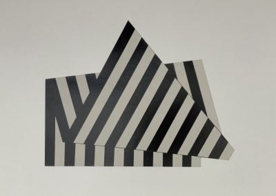 Abstract overlapping striped geometric shapes on white background.